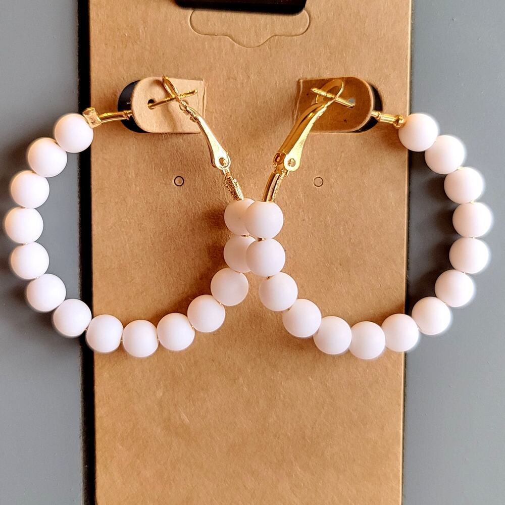 White Beaded Hoop Earrings Gold Tone Latch Back 1.5" NWT Boho Statement 1980's